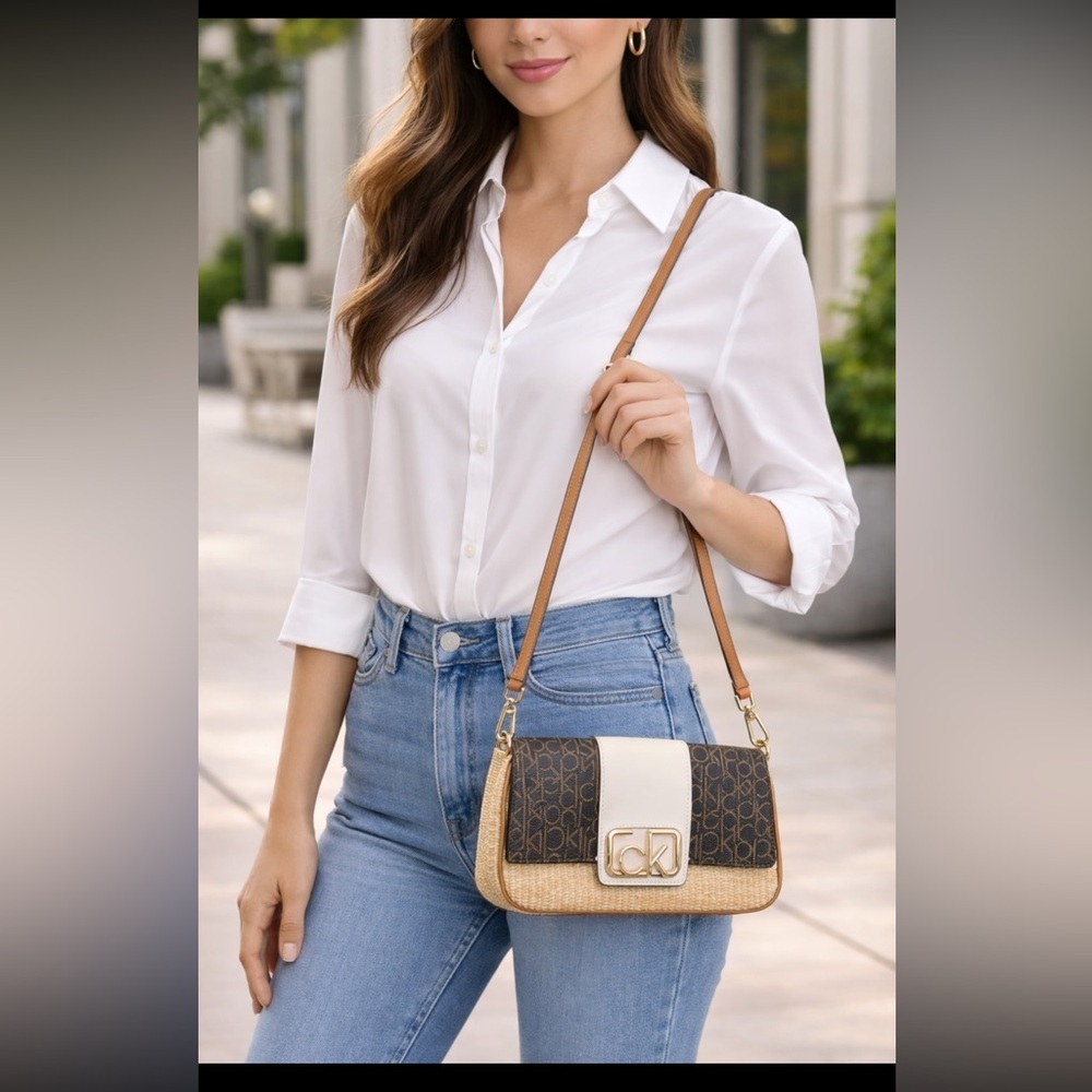 Calvin Klein Black and Cream Shoulder Bag